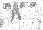  absurdres akagi_(kantai_collection) armpits arms_up ass back backboob bandaged_arm bandages bandaid_on_arm breasts chibi chibi_inset commentary dimples_of_venus folded_ponytail from_behind fundoshi greyscale hair_ribbon hand_on_hip hand_on_own_arm highres hiryuu_(kantai_collection) inazuma_(kantai_collection) japanese_clothes kaga_(kantai_collection) kantai_collection kojima_takeshi large_breasts long_hair monochrome multiple_girls muscle muscular_female o_o plant ribbon shoulder_blades side_ponytail skindentation souryuu_(kantai_collection) standing straight_hair stretch teardrop thigh_gap thighs traditional_media translated trembling twintails very_long_hair 