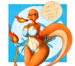  anthro anthrofied big_breasts bikini blush breasts charmander cleavage clothed clothing digital_media_(artwork) english_text female fire flaming_tail green_eyes hi_res huge_breasts looking_at_viewer navel nintendo open_mouth pok&eacute;mon pok&eacute;mon_(species) pok&eacute;morph scalie simple_background solo standing swimsuit text thick_thighs video_games white_background wouhlven 