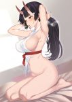  adjusting_hair armpits arms_up bare_legs bed_sheet black_hair blush breasts brown_eyes covered_nipples dutch_angle hair_ornament hairclip heavy_breathing highres large_breasts mouth_hold navel oni oni_horns original ponytail seiza sideboob sitting solo takunomi tying_hair 