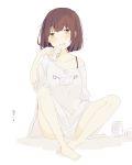  1girl alcohol bare_legs barefoot beer blush brown_hair can crying feet female kaneko_aaru no_pants open_mouth original oversized_clothes shirt short_hair simple_background sitting solo t-shirt tears toes white_background 