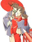  arm_support bow brown_hair edogawa_conan fur_trim green_eyes grin hair_bow hakama haori holding holding_umbrella japanese_clothes kimono kudou_shin'ichi long_hair long_sleeves meitantei_conan mouri_ran oriental_umbrella ponytail purple_eyes red_bow red_kimono red_scarf red_umbrella ro-a scarf sitting smile umbrella white_hakama yukata 