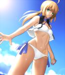  ahoge artoria_pendragon_(all) artoria_pendragon_(swimsuit_archer) bikini blonde_hair blue_ribbon blue_sky breasts cleavage cloud cowboy_shot eyebrows_visible_through_hair fate/grand_order fate_(series) from_below green_eyes groin halterneck lens_flare long_hair looking_at_viewer parted_lips ponytail ribbon sen_(77nuvola) sky small_breasts solo standing swimsuit white_bikini 