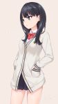  artist_name black_hair blue_eyes bow cardigan character_name closed_mouth coffee-kizoku cowboy_shot eyebrows_visible_through_hair facing_viewer hands_in_pockets highres legs_apart long_hair long_sleeves miniskirt pleated_skirt school_uniform signature simple_background skirt solo ssss.gridman standing takarada_rikka 