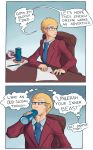  blonde_hair blue_eyes can chair clothed clothing colored comic cup digital_media_(artwork) english_text eyewear glasses hair hexacult human male mammal necktie not_furry paper simple_background sitting solo speech_bubble suit text 