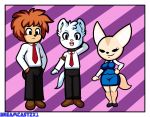  absurd_res aggressive_retsuko andrew_(dreamcastzx1) anthro breasts bulge canine clothed clothing dreamcastzx1 female fennec fenneko ferret fox group hi_res looking_at_viewer male mammal mustelid signature smile 
