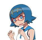  @_@ aliasing bare_shoulders bespectacled blue_eyes blue_hair blue_sailor_collar commentary_request glasses hairband hands_up open_mouth pokemon pokemon_(game) pokemon_sm red-framed_eyewear sailor_collar shiny shiny_hair short_hair simple_background sleeveless solo squid_neetommy suiren_(pokemon) white_background yellow_hairband 