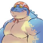  belly big_belly bust_(disambiguation) crocodile crocodilian cute_fangs episode0006 green_eyes makara male musclegut pecs reptile scalie slightly_chubby swim_cap tokyo_afterschool_summoners 