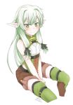  bare_shoulders blush boots bow commentary_request dated elf flat_chest goblin_slayer! green_eyes hair_bow half-closed_eyes high_elf_archer_(goblin_slayer!) highres light_green_hair long_hair looking_at_viewer nutto_akiyama pointy_ears shorts sidelocks signature simple_background sitting sleeveless thigh_boots thighhighs white_background 
