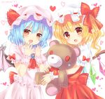  artist_name ascot bangs bat_wings blonde_hair blue_hair blue_nails blush bow commentary_request cowboy_shot crystal dress eyebrows_visible_through_hair fang flandre_scarlet frilled_bow frilled_ribbon frilled_shirt_collar frills hair_between_eyes hands_up hat hat_bow hat_ribbon head_tilt heart heart-shaped_pupils highres holding holding_stuffed_animal looking_at_viewer mob_cap multiple_girls nail_polish one_side_up open_mouth pink_dress pink_hat puffy_short_sleeves puffy_sleeves ramudia_(lamyun) red_bow red_eyes red_nails red_neckwear red_ribbon red_skirt red_vest remilia_scarlet ribbon ribbon-trimmed_bow ribbon_trim short_hair short_sleeves siblings simple_background sisters skirt skirt_set standing stuffed_animal stuffed_toy symbol-shaped_pupils teddy_bear touhou twitter_username vest white_background white_hat wings wrist_cuffs 