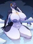  2018 absurd_res anthro areola avian beak big_breasts bird breasts brown_eyes chest_tuft deep_navel digital_media_(artwork) eyelashes feathers female gloria_(happy_feet) happy_feet hi_res huge_breasts jaeh navel night non-mammal_breasts nude open_mouth outside penguin small_head smile snow star thick_thighs tuft voluptuous water wide_hips 