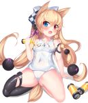  2drr animal_ears arm_support asymmetrical_legwear bangs black_legwear blonde_hair blue_eyes blush bow braid breasts cat_ears character_name checkered checkered_bow commentary covered_navel eyebrows_visible_through_hair fang fingernails full_body g41_(girls_frontline) girls_frontline hair_between_eyes hair_bow hair_ornament hand_up heterochromia holding long_hair low-tied_long_hair medium_breasts name_tag old_school_swimsuit one-piece_swimsuit open_mouth purple_ribbon red_eyes ribbon school_swimsuit shadow side_braid single_braid single_thighhigh solo swimsuit thighhighs very_long_hair white_background white_bow white_school_swimsuit white_swimsuit 