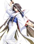  arm_up blue_eyes brown_hair chietori floating_hair holding holding_sword holding_weapon japanese_clothes kara_no_kyoukai katana kimono long_hair looking_at_viewer obi ryougi_shiki sash simple_background smile solo standing sword very_long_hair weapon white_background white_kimono 