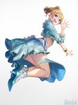  :d artist_name ayase_eli blonde_hair blue_eyes blue_footwear blue_shirt blue_skirt bobby_socks bracelet commentary_request eyebrows_visible_through_hair frilled_sleeves frills full_body high_heels highres jewelry jumping looking_back love_live! love_live!_school_idol_project marshall_(wahooo) midriff open_mouth ponytail round_teeth shirt skirt smile socks solo teeth upper_teeth white_legwear 