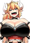  1girl black_collar blue_earrings blue_eyes blush borrowed_design bowsette bracelet breast_rest breasts breasts_on_head brown_hair cleavage collar collarbone crown dress facial_hair head_tilt highres horns huge_breasts jewelry kanno_takanori long_hair mario mario_(series) mustache new_super_mario_bros._u_deluxe overalls pointy_ears ponytail sharp_teeth simple_background spiked_armlet spiked_bracelet spiked_collar spiked_shell spikes strapless strapless_dress super_crown sweat teeth turtle_shell white_background 