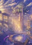  day fantasy hasumi_yuuki highres lake landscape no_humans original outdoors pillar ruins scenery sky stairs tower tree 