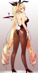  absurdly_long_hair absurdres agetama animal_ears arm_at_side ass azur_lane backless_outfit bare_back bare_shoulders black_leotard blonde_hair bow breasts brown_legwear bunny_ears bunny_girl bunny_tail bunnysuit commentary detached_collar fake_animal_ears full_body gradient gradient_background hair_ribbon high_heels highres holding holding_tray leotard long_hair looking_at_viewer looking_back nelson_(azur_lane) pantyhose red_eyes ribbon simple_background solo standing strapless strapless_leotard tail tray twintails very_long_hair wrist_cuffs 