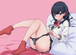  ass bangs black_hair black_panties black_skirt blue_eyes blush bouen bow bowtie bra breasts emblem eyebrows_visible_through_hair frown full_body knees_up leg_up long_hair long_sleeves looking_at_viewer lying medium_breasts microskirt no_shoes on_back panties panty_pull partially_unbuttoned pillow pleated_skirt polka_dot polka_dot_bra polka_dot_panties pulled_by_self red_legwear red_neckwear school_uniform shirt skirt socks solo ssss.gridman sweat takarada_rikka underwear white_shirt 