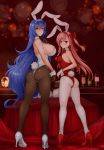  animal_ears ass bangs bare_shoulders bed black_neckwear blue_hair blush bottle bow bowtie braid breasts brown_eyes brown_gloves brown_legwear bunny_ears bunny_girl bunny_tail bunnysuit closed_mouth commentary_request detached_collar eyebrows_visible_through_hair fake_animal_ears girls_frontline gloves hair_between_eyes hair_bow hair_ornament hairband half_gloves hand_up hexagram high_heels highres large_breasts leotard long_hair looking_at_viewer looking_back medium_breasts multiple_girls negev_(girls_frontline) nose_blush one_side_up pantyhose pillow pink_hair red_bow red_eyes red_footwear red_hairband red_leotard red_neckwear revision saruton shoes side_braid single_braid smile standing star_of_david strapless strapless_leotard tail tar-21_(girls_frontline) very_long_hair white_collar white_footwear white_hairband white_legwear white_leotard wrist_cuffs 