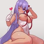  ;) bare_legs barefoot bb_(fate)_(all) bb_(swimsuit_mooncancer)_(fate) blush breasts breasts_outside covered_navel eyebrows_visible_through_hair fate/grand_order fate_(series) gloves grey_background hair_ribbon head_tilt heart highleg highleg_leotard index_finger_raised large_breasts lavender_hair leotard long_hair looking_at_viewer nipples one_eye_closed puffy_nipples purple_eyes ribbon rose_neru shiny shiny_skin simple_background single_sidelock sitting smile solo sweat tan very_long_hair wariza white_gloves 