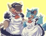  2015 anthro biozs biped black_eyes blue_body blush brown_body claws clothed clothing duo fangs female hand_holding horn kangaskhan maid_uniform nidoqueen nintendo open_mouth pok&eacute;mon pok&eacute;mon_(species) red_eyes scalie simple_background smile standing teeth uniform video_games yellow_background 