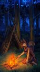  2018 5_fingers anthro blue_eyes breasts brown_feathers brown_fur brown_hair clothed clothing cutie_mark detailed_background digital_media_(artwork) equine fan_character feathers female fire forest fur grass hair hooves horn kneeling mammal margony my_little_pony night outside solo tree winged_unicorn wings 