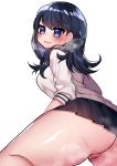  al_bhed_eyes ass bangs black_hair black_skirt blue_eyes blush breasts cardigan censored eyebrows_visible_through_hair from_behind heavy_breathing long_hair long_sleeves looking_at_viewer looking_back medium_breasts open_mouth osiimi pleated_skirt pussy school_uniform simple_background skirt sleeves_pushed_up smile solo ssss.gridman steam sweat takarada_rikka thick_thighs thighs white_background 