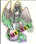  2016 angel_dragon anthro biped clothed clothing con_badge diaper dragon english_text eyewear feathers fully_clothed fur glasses hair justpeachie looking_at_viewer male multicolored_feathers multicolored_fur multicolored_hair shirt signature solo source_request text traditional_media_(artwork) twixxel_minty 