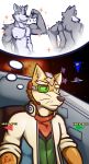  black_nose brown_fur brown_nose clothed clothing duo english_text eye_patch eyewear fox_mccloud fur green_eyes grey_fur male muscular muscular_male nintendo nipples smile space star star_fox text thought_bubble topless ventkazemaru video_games whiskers wolf_o&#039;donnell 