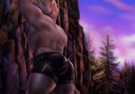  2018 abs anthro back_muscles biceps brown_skin climb climbing clothed clothing day eyebrows forest green_eyes grey_skin hair harness horn killianwalker looking_up male mammal muscular muscular_male muscular_thighs orange_hair rhinoceros rock_climbing rubber shorts side_view sky solo tattoo tight_underwear topless tree wilderness 