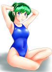  absurdres arms_up blue_eyes blue_swimsuit competition_swimsuit covered_navel green_hair highres horns indian_style long_hair looking_at_viewer lum nanao_futaba one-piece_swimsuit pointy_ears ponytail rubber_band simple_background sitting solo swimsuit tying_hair urusei_yatsura white_background 