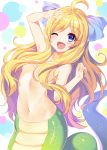  ;d ahoge blonde_hair blue_eyes blue_ribbon blush breasts bucchake_(asami) eyebrows_visible_through_hair fangs hair_censor hair_ribbon jashin-chan jashin-chan_dropkick lamia long_hair monster_girl navel nude one_eye_closed open_mouth ribbon small_breasts smile solo very_long_hair 