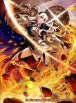  armor black_gloves black_hairband cape commentary_request company_name copyright_name female_my_unit_(fire_emblem_if) fire fire_emblem fire_emblem_cipher fire_emblem_if full_body gloves hairband holding holding_sword holding_weapon konfuzikokon long_hair my_unit_(fire_emblem_if) official_art open_mouth pointy_ears red_eyes rock solo sword thighs weapon white_hair 