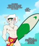  5_fingers abs anthro biped bulge chalo clothed clothing dialogue english_text eyewear fur hair hamster holding_object jewelry male mammal navel necklace nipples outside pulsar_(chalo) rodent skimpy smile solo sunglasses surfboard teeth text white_fur white_hair 