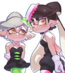  2girls :/ aori_(splatoon) arms_behind_back bare_shoulders black_dress black_hair breasts closed_mouth cousins detached_collar domino_mask dress earrings eyebrows_visible_through_hair gloves green_legwear grey_hair hair_rings highres hotaru_(splatoon) jewelry jumpsuit long_hair mask medium_breasts mole mole_under_eye multiple_girls open_mouth orange_eyes pantyhose pink_legwear pointy_ears satokichi short_hair short_jumpsuit shorts_under_dress splatoon_(series) splatoon_1 strapless strapless_dress suction_cups tentacle_hair white_background white_gloves 