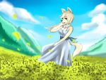  absurd_res anthro blonde_hair bow_tie braided_hair breasts canine clothing dress female fur green_eyes hair hand_on_face happy hi_res inner_ear_fluff long_hair looking_at_viewer mammal open_mouth outside solo standing tan_fur treyer white_fur 