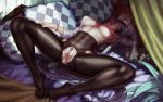  anus areolae arm_up armpits black_legwear blur_censor breasts censored commentary_request edenfox fate/grand_order fate_(series) large_breasts long_hair lying minamoto_no_raikou_(fate/grand_order) nipples on_back on_bed pantyhose pubic_hair purple_eyes purple_hair pussy smile solo thighband_pantyhose torn_clothes torn_legwear very_long_hair 