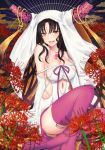  arms_at_sides bangs bare_shoulders black_hair breasts chest_tattoo cleavage commentary_request detached_sleeves eyebrows_visible_through_hair facial_mark fate/extra fate/extra_ccc fate/grand_order fate_(series) feet_out_of_frame flower forehead_mark hair_between_eyes horns large_breasts long_hair looking_at_viewer merokonbu0 no_pants no_shoes open_mouth pink_legwear revealing_clothes sesshouin_kiara sitting smile solo spider_lily stomach_tattoo sunburst tassel tattoo thighhighs veil very_long_hair wide_sleeves yellow_eyes 