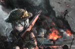  6+others aircraft airplane blue_hair british_army brodie_helmet carrying chinese_commentary cloud cloudy_sky commentary explosion green_eyes gun helmet highres komeiji_koishi lee-enfield lolipantherwww looking_at_viewer multiple_others ocean rain rifle shaded_face ship short_hair shoulder_carry sketch sky solo_focus tears third_eye touhou uniform upper_body watercraft weapon wet wet_clothes wet_hair world_war_ii 