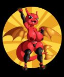  2018 3_toes anthro areola armwear breasts clothing digital_media_(artwork) dragon fangs female hi_res legwear looking_at_viewer mascot membranous_wings msi msi_dragon_lucky nipples open_mouth raised_arm solo spread_wings suirano toes wings 