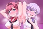  2girls apita_(apitaro) arm_up armpits arms_up bare_shoulders blue_eyes blush breasts hairband lavender_hair looking_at_viewer medium_breasts mochizuki_momiji multiple_girls new_game! open_mouth pink_hair purple_eyes side_ponytail small_breasts steam suzukaze_aoba sweat twintails underboob upper_body 