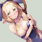  3: animal_ears bare_shoulders blonde_hair blush braid breasts bright_pupils bunny_ears bunnysuit cleavage closed_mouth covered_navel dungeon_meshi elf fake_animal_ears green_eyes hair_tubes hairband holding holding_staff leotard long_hair low_twintails marcille medium_breasts mochi_(mochi444420) pointy_ears purple_hairband purple_leotard solo staff strapless strapless_leotard twintails white_pupils 