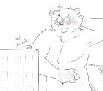  2017 anthro beepingbeepster blush duo english_text humanoid_hands macro male mammal navel pecs procyonid raccoon simple_background text 