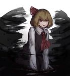  :d alder ascot black_skirt black_vest blonde_hair commentary darkness fangs hair_between_eyes hair_ribbon highres long_sleeves looking_at_viewer open_mouth red_eyes red_neckwear red_ribbon ribbon rumia shirt short_hair simple_background skirt skirt_set smile solo touhou vest white_shirt 