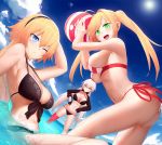  :d ahoge ass ball beachball bikini black_bikini black_gloves black_hairband blonde_hair blue_eyes blue_sky blush breasts bu_li cloud day fate/grand_order fate_(series) gloves green_eyes hair_between_eyes hairband hands_on_hips highres holding holding_ball jeanne_d'arc_(alter_swimsuit_berserker) jeanne_d'arc_(fate)_(all) jeanne_d'arc_(swimsuit_archer) large_breasts long_hair long_sleeves looking_at_viewer multiple_girls navel nero_claudius_(fate)_(all) nero_claudius_(swimsuit_caster)_(fate) ocean one_eye_closed open_mouth outdoors partially_submerged red_bikini red_legwear side-tie_bikini single_thighhigh sitting sky smile standing striped striped_bikini sun swimsuit thighhighs twintails wading water wet white_hair yellow_eyes 