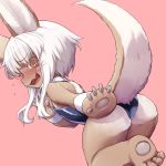  :3 :d animal_ears ass bangs bare_legs bare_shoulders barefoot blue_leotard blush colored_eyelashes eyebrows_visible_through_hair fang fur furry highres horizontal_pupils leg_up leotard long_hair made_in_abyss mochi_(mochi444420) nanachi_(made_in_abyss) nose_blush open_mouth orange_eyes pink_background playboy_bunny_leotard short_hair_with_long_locks smile solo strapless strapless_leotard tail tail_raised whiskers white_hair 