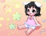  2014 animal_humanoid baby barefoot bib black_eyes black_hair blush clothed clothing female floppy_ears hair humanoid lagomorph mammal mion_orz pattern_background rabbit_humanoid simple_background sitting solo tewi_inaba touhou young 