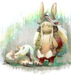  :3 animal_ears aoki_(fumomo) bangs barefoot bunny_ears closed_mouth eyebrows_visible_through_hair full_body fur furry long_hair made_in_abyss mitty_(made_in_abyss) nanachi_(made_in_abyss) pants red_pupils solo standing tail whiskers white_hair yellow_eyes 