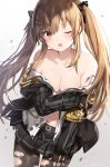 ;o armband bangs bare_shoulders black_jacket black_legwear black_ribbon black_skirt blush breasts burnt_clothes cleavage collarbone commentary_request cowboy_shot double_vertical_stripe dutch_angle eyebrows_visible_through_hair fang girls_frontline gradient gradient_background grey_background hair_ornament hair_ribbon hairclip hand_on_own_arm head_tilt highres injury jacket long_hair long_sleeves looking_at_viewer mafuyu_(chibi21) medium_breasts miniskirt navel no_bra off_shoulder one_eye_closed open_clothes open_jacket open_mouth open_shirt pantyhose pleated_skirt red_eyes ribbon shirt sidelocks skirt sleeves_past_wrists solo tears torn_clothes torn_legwear torn_shirt torn_skirt twintails twitter_username ump9_(girls_frontline) very_long_hair white_shirt 