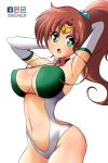  1girl absurdres arms_behind_head arms_up artist_name bangs bishoujo_senshi_sailor_moon blush bow bowtie breasts brown_hair center_opening circlet cowboy_shot elbow_gloves eyebrows_visible_through_hair female gloves green_eyes hair_bobbles hair_ornament heart highres large_breasts looking_to_the_side navel one-piece_swimsuit open_mouth pink_bow ponytail sailor_jupiter shiny shiny_hair simple_background solo standing swimsuit tied_hair watermark white_background white_gloves zannatemx 