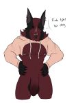  2018 balls bat big_balls big_penis bottomless claws clothed clothing dhalo_(himeros) dialogue drawyourfursona ear_piercing facial_piercing fur himerosthegod hoodie lip_piercing male mammal meme muscular nipple_piercing nipples penis piercing pink_sweater red_eyes red_fur simple_background solo twitter_hoodie uncut white_background 